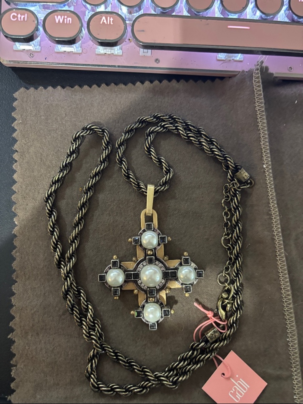 CAbi Gold-Tone Tudor Cross Pendant Necklace with Ivory Pearl Accents nwt
